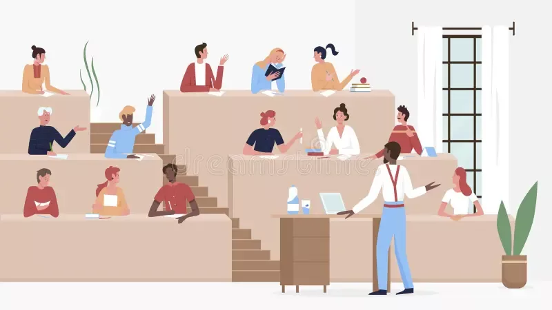Studenten die studeren een universitaire collegezaal de vectorillustratie tekenfilmdocent docent onderwijzen jonge figuren 204385443